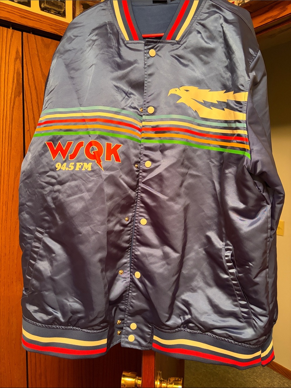 Stranger Things WSQK 94.5 FM Navy Satin Radio Jacket with Multicolor Stripes